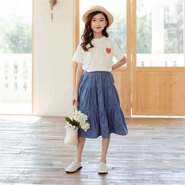 6 To 16 Years, Summer Girls Skirt Denim Teenage Kids Clothes For Mommy and Me 100% Cotton Cover Knee Ruffles, #5952 210629