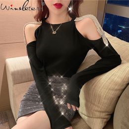 Fall Winter Korean Style T-Shirt Women Fashion Sexy Shiny Hollow Out Chain Diamonds Tops Ropa Mujer Stretchy Cotton Tees T09507L 210302