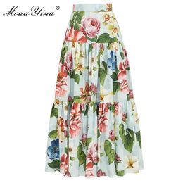 MoaaYina Summer Women Rose Floral-Print Elegant skirt 210309