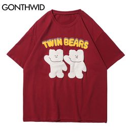 GONTHWID Tshirts Harajuku Cartoon Twin Bears Streetwear Tees Shirts Hip Hop Casual Cotton Short Sleeve T-Shirts Mens Loose Tops C0315