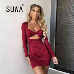 Front Hollow Out Sexy Club Women Dresses Free Ladies Evening Party Long Sleeve Elegant Wedding Mini Robe 210525