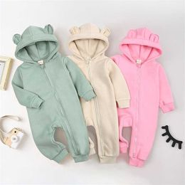 Spring Autumn Baby Girl Romper Fashion Solid Colour born Clothes Cotton Long Sleeve Hooded Infant 3-18 Months 220106