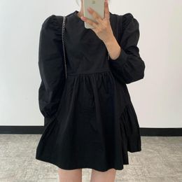 -Robes décontractées chic de la Corée du Sud Robe de printemps Simple col rond noir vapeur et polyvalente femme spectacle petite petite jupe courte fille