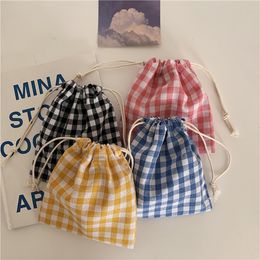 Fashion Red Plaid Travel Cosmetic Bag Women Cute Cloth Makeup Bags Girls Sweet Drawstring Pocket Candy Pouch Home Storage Case