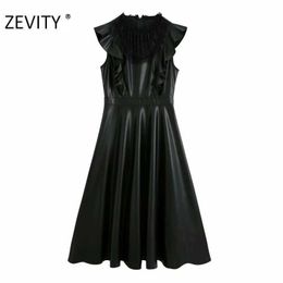 ZEVITY women lace patchwork casual PU leather A line dress female sleeveless ruffles vestido chic back zipper dresses DS4437 210603
