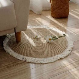 Round Woven Rugs Handmade Rattan Carpet With Tassel for Bedroom Living Room Vintage Home Decor Floor Mats Chic Room Door Mat 210917