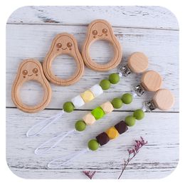 Baby Cartoon Pacifier Holders Clips Lovely Infant Beech avocado pacifiers chain newborn Wooden Beads Silicone teethers chew toys D252