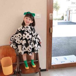 Spring fashion billowing panda loose shirt dresses Girls casual cotton long sleeve oversized dress G1218