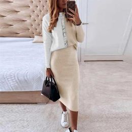 Women Elegant O-Neck Pullover Tops And Skirts Set Casual Long Sleeve Sweatshirt Outfits Fashion Print Lady Dress Two Piece Suits 211109