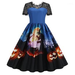 Casual Dresses S-3XL Large Size Short Sleeve Halloween Witches Pumpkin Print Pleated Party Dress Women High Waist Lace 2021 No.2