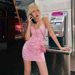 Pink Lace Satin Summer Dresses for Women 2022 Cute Sexy Ruched Strap Mini Bodycon Dress Kawaii Clothes P98-DE14 Y220304