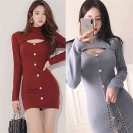 Winter knitting Korea Ladies long SLeeve sexy Mini club Party Dresses for women clothing 210602