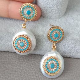 Cute Style Cultured White Coin Freshwater Pearl Blue Cubic Zirconia Mirco Pave Gold Colour Stud Earrings
