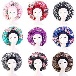 Double Layer Satin Bonnet Satin Linned Sleeping Cap Floral Printing Large Size Sleep Cap Shower Caps Head Cover Hair Protector