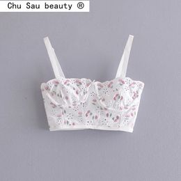 2021 summer new fashion cherry embroidery hollow chest wrapped camisole sexy tube top with crop tops vest for woman 210308