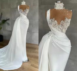 Designer Mermaid Dresses Lace Applique Beaded Pearls Rhinestones Illusion High Neck Sweep Train Satin Custom Made Wedding Gown Vestido De Novia