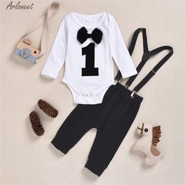 ARLONEET Clothes Boys Baby Black/Gray Gentleman Bow Tie Romper Tops +Suspender Trousers Pants Clothing Set Kids 2pc Outfits 210309