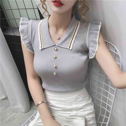 Summer Fashion Korean Slim Crop Top Turn-down Collar Knitted T-shirts Sleeveless Ruffles T Shirt Female Tee Femme 210623