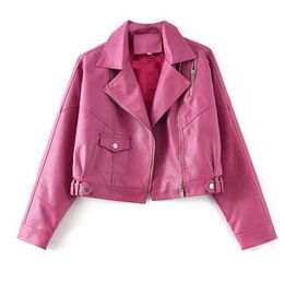 Women Streetwear Faux Leather Jacket Spring Autumn Turn Down Collar Black Short Coat Ladies Pink Biker Moto Outwear 210525