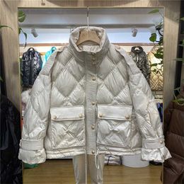 Women Stand Collar Puffer Jacket Thicken Warm Lingge Pocket Drawstring Winter 90% White Duck Down Outwear Casual Female Parkas 211108