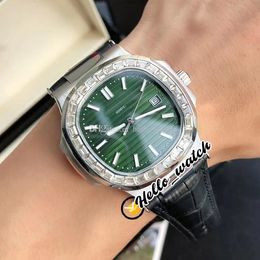GDF 40mm 5711/1300A-001 5711 Sport Watches Miyota 8215 Automatic Mens Watch Green Textured Dial Big Square Diamond Black Leather Strap Hello_Watch HWPP G28E (4)