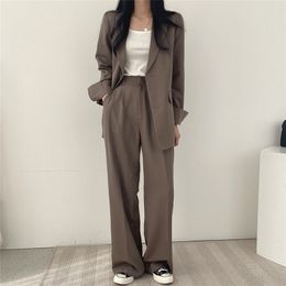 HziriP Fashion Lady Chic Two Pieces Sets  Autumn Loose Blazers Elegant Suits Straight Formal Solid  OL High Waist Pants 220315