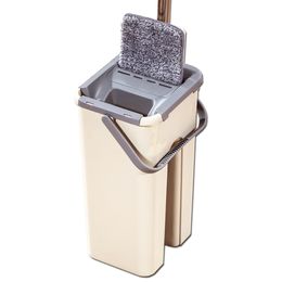 Flat Squeeze Mop Bucket with Carry Handle, No Hand Washing Lazy Mop Self Cleaning Magic Mop for Wet & Dry Safe on All Surfaces 210317