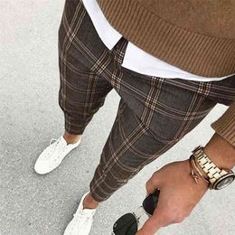 sexy high wasit spring summer fashion pocket Men's Slim Fit Plaid Straight Leg Trousers Casual Pencil Jogger Pants 210715