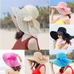 Women Colorful Big Brim Straw Bow Hat Sun Floppy Wide Brim Hats Beach Cap Summer Hepburn Style Vintage Straw Hat Holiday Caps