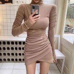 koreant spring style Mid-length slim dress with high collar and irregular hem fashion thin sexy office party for women dresses 210602
