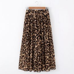 Stinlicher Fashion Women Summer Beach Leopard Casual Chiffon Max Skirt Pleated Long Skirt Ladies Elastic Waist Long Skirt 210309