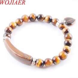 WOJIAER Natural Stone Beads Tiger Eye Strand Bracelets & Bangles Heart Shape Silver-color Fitting Women Jewellery Love Gifts K3313