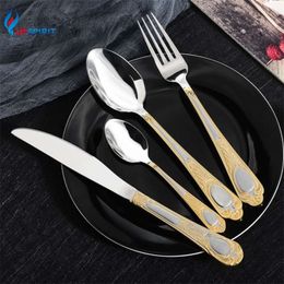 Upspirit 16 Pcs Gold Stainless Steel Tableware Cutlery Set Spoon Knives Forks Dinnerware Flatware Silverware Kitchen Kit 210928