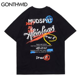 GONTHWID Tees Shirts Streetwear Creative Graffiti Letters Casual Cotton Tshirts Hip Hop Fashion Short Sleeve Loose T-Shirts Tops C0315