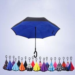 Long Shank Inverted Umbrella C-Shaped Handle Double Layer Anti-UV Waterproof Windproof Reverse Folding Straight Umbrellas Car Rain Outdoor Customise Logo HY0153