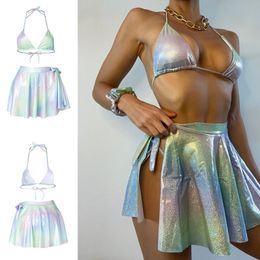 Women's Swimwear ITranyee Sexy Long Sleeve 3 Pieces Swimsuit Shiny Glossy Bikini Set With Cover Up 2021 Biquinis Bathing Suit