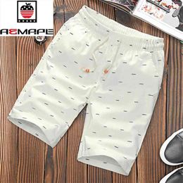 AEMAPE brand Elastic Waist Drawstring Cotton Shorts sale Men Summer Calf-length Design Fish bone printing Male 210629