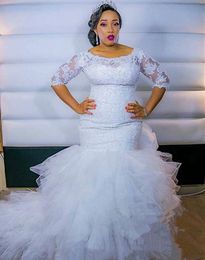 2021 Africa Long Train Mermaid Wedding Dresses Ruffle Skirt Appliques Lace Half Sleeve Plus Size Bridal Gowns Boat Neck Vestidos De Novia