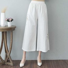2021 New Arrival Summer Women Casual Loose Cotton Linen Calf-length Pants Elastic Waist Floral Embroidery Wide Leg Pants W545 Q0802