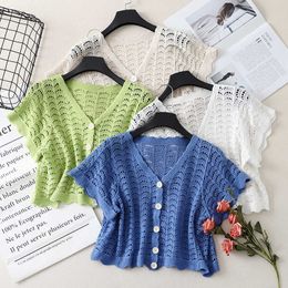 Sexy Hollow Out Knitted Sweater Cardigan Women Summer Korean School Short Sleeve Jacket Female Knitwear sweaters Clothes 210604