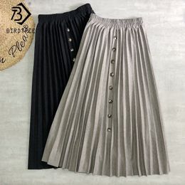 Autumn Winter Single Breasted Women Pleated Skirts Fashion Elastic Waist Midi Skirt Solid Bottoms B08909K 210309