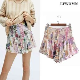 LVWOMN Za Shorts Women Summer Print Fashion Elastic Waist Loose Bowknot Belt Female High-Waisted Mini Skirt 210724