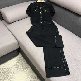 2020 Women Golden Button Hollow Out Knitting Tops+Wide Leg Pants 2Pcs Sets Casual Short Sleeve Tops Knitwear Trousers Suit Y0625