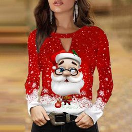 Women's Blouses & Shirts Christmas Printed Blouse Long Sleeved Round Neck Santa Print Hollow Out Pullover Tops Ladies Casual Loose