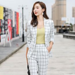 Professional women's suit pants two-piece Autumn and winter slim plaid ladies office jacket Casual trousers high quality 210527