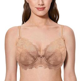 Lace Bra Plus Size Women's Full Coverage Non Padded Embroidery Floral Underwired Minimizer Bra Big B C D DD DDD E F Cup 210623