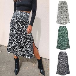 New Sexy Leopard Print Chiffon Split Skirt Casual Fashion Long Skirts for Women Spring Summer Zip Elegant Female Skirt 210310