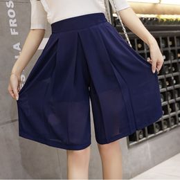 summer chiffon short pants loose black/blue wide-legged trousers knee-length elastic waist women fashion capris pants 210317