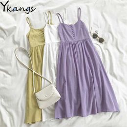 Purple Simple Dresses Womens Summer Single Breasted Solid Off Shoulder Sleeveless Pleated Sling Loose Casual Chic Preppy Girls 210619
