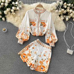 Women Fashion Spring and Summer Wear Single Breasted Long Sleeve Shirt + High Waist Wide Leg Shorts Two-piece Sets S701 210527